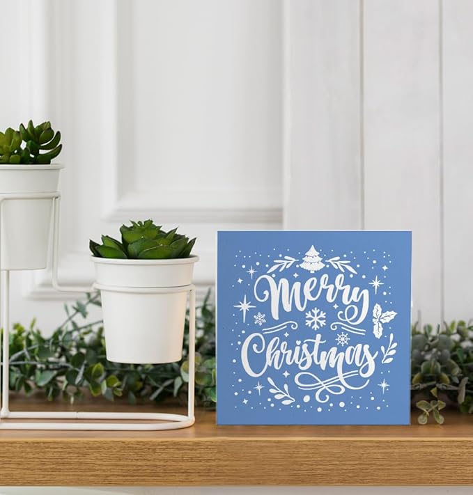 Merry Christmas Wooden Box Sign, Farmhouse Christmas Tree Snowflake Xmas Sign for Home Office Table Shelf Decor, 5x5 Inch (Blue)