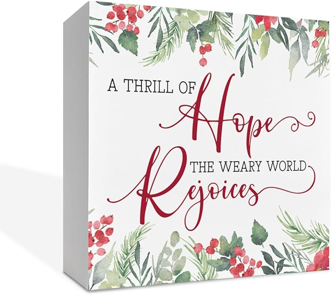Christmas Wooden Desk Decor Sign, A Thrill of Hope The Weary World Rejoices Wooden Box Sign, Winter Christmas Home Plaque for Living Room Bedroom Office Table Top Decor 5x5 Inches