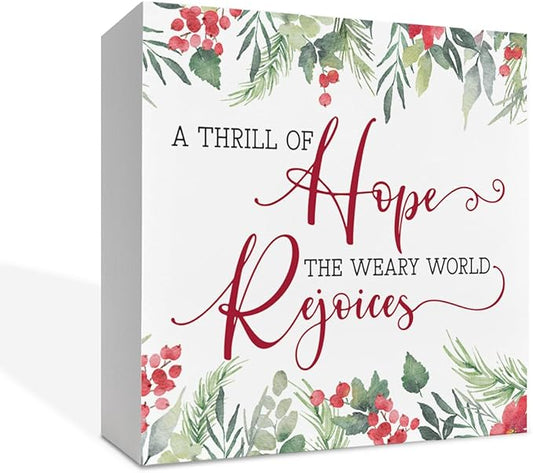 Christmas Wooden Desk Decor Sign, A Thrill of Hope The Weary World Rejoices Wooden Box Sign, Winter Christmas Home Plaque for Living Room Bedroom Office Table Top Decor 5x5 Inches