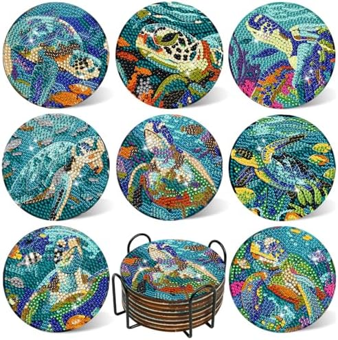 DOTSOPS 8 Pcs Ocean Diamond Art Coasters Kits for Adults with Holder 4 in by DOTSOPS
