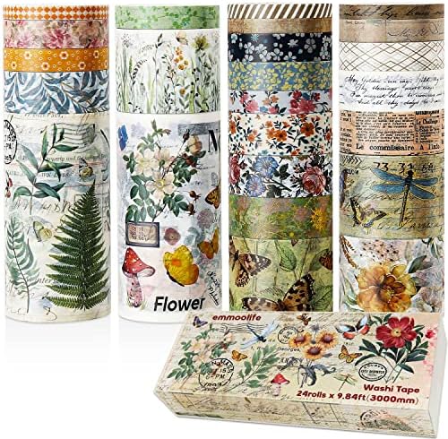 24 Rolls Vintage Washi Tape Set, Floral Letter Butterfly Mushroom Botanical Flower Writable Decorative Tapes for Scrapbooking , Junk Journal supplies, Bullet Journaling 5-75mm Wide 9.84ft long/Roll - Image 2