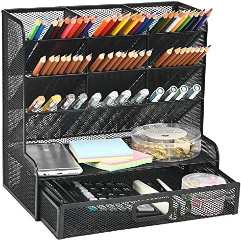 Marbrasse Mesh Pen Holder for Desk, Multi-Functional Pencil Organizer with Drawer, Desk Organizers and Accessories for Office Art Supplies (Large Black) by Marbrasse