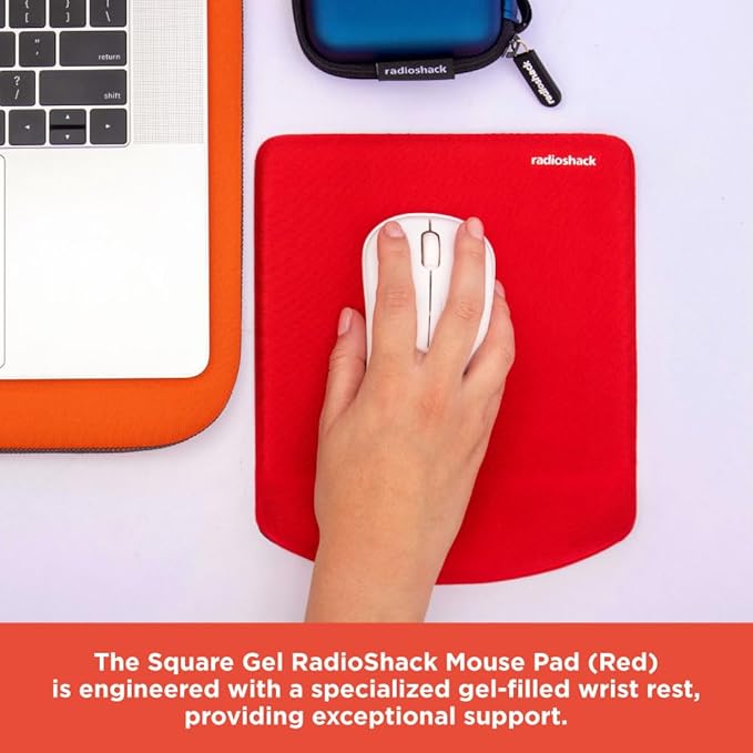RadioShack Square Gel Mouse Pad with Wrist Rest, Ergonomic Office Mouse Pad for Desk Offers Improved Support, Accuracy and Responsiveness for Work, Gaming, and More, Red