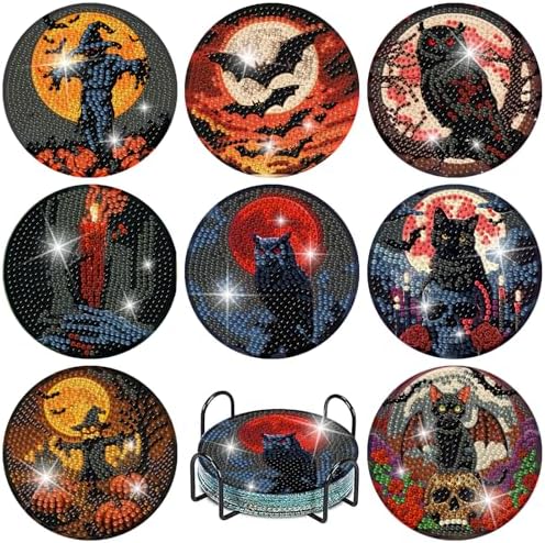 askkqtx 8 Pcs Halloween Diamond Art Coasters Kits with Holder 4X4 Inch by askkqtx