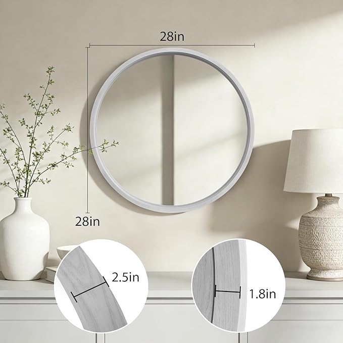 WallBeyond 28 Inch Round Wood Mirror, Large Circle Wooden Frame Wall Mirror for Bathroom, Living Room, Bedroom, Entryway (White)
