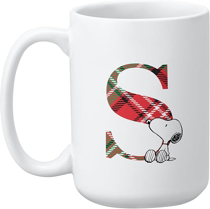 Let's Make Memories Personalized Mug - PEANUTS Character Collection - Christmas Holiday Stocking Stuffer - Microwave and Dishwasher Safe - Snoopy - Plaid Initial - 15 oz.