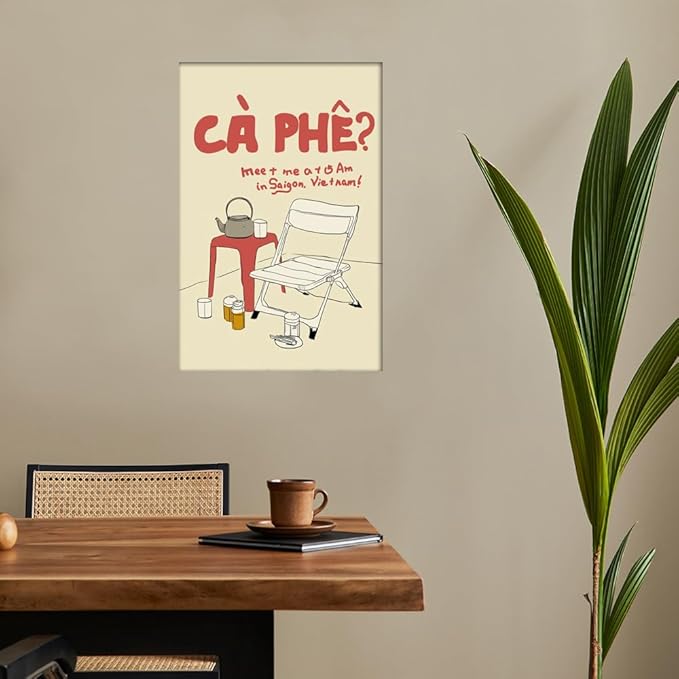 Framed Vintage Vietnamese Coffee Culture Wall Art Outdoor Folding Chair Tea Set Canvas Poster Meet Me At 5 Am In Saigon Vietnam Print Painting Minimalist Decor for Living Room Decoration 20x30inch