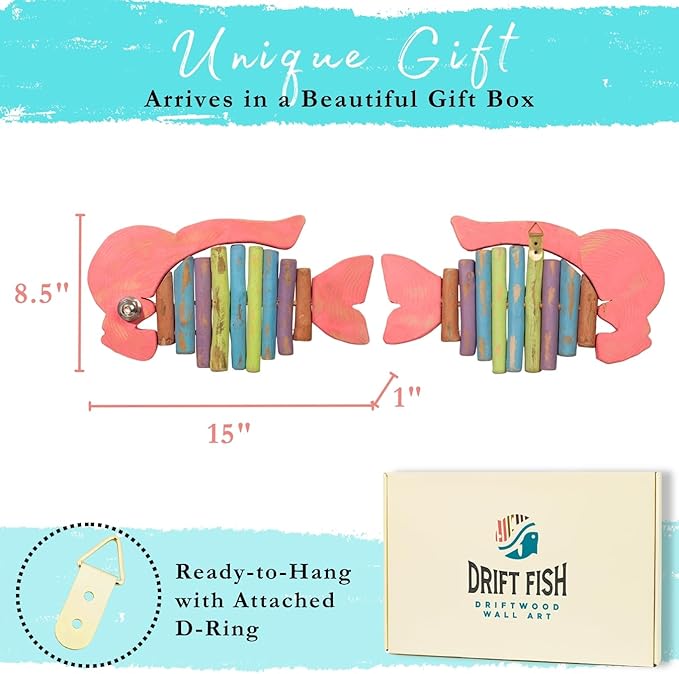 Mint Bucket Brands Driftwood Fish Nautical Wall Decor 15" x 8"- Handmade Wooden Rustic Coastal Wall Art for Living Room, Bedroom, Office, Bathroom - Tiki Bar Decor - Ocean Beach Decoration (Bumpson)