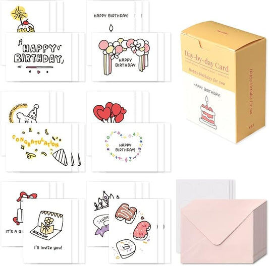 Monolike Day-by-day Card, Happy birthday for you - Mix 36 Mini Single cards, 36 envelopes, 36 stickers Package