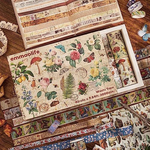 42 Rolls Vintage Washi Tape Set, Floral Letter Butterfly Mushroom Botanical Flower Writable Decorative Tapes for Scrapbooking , Junk Journal Supplies, Bullet Journaling 5-75mm Wide 9.84ft long/Roll - Image 3