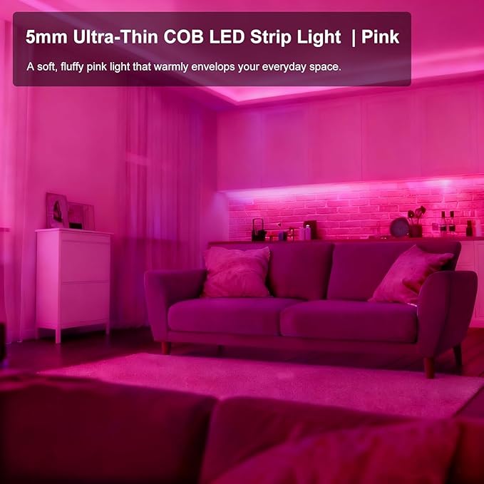 COB LED Strip Light, 16.4FT 12V Pink Narrow Width 5mm Super Bright CRI 90+ Dotless LED Tape Light, 400LEDs/M Cuttable Flexible Dimmable Light Strip for Indoor Home Christmas Decor (No Power Supply)
