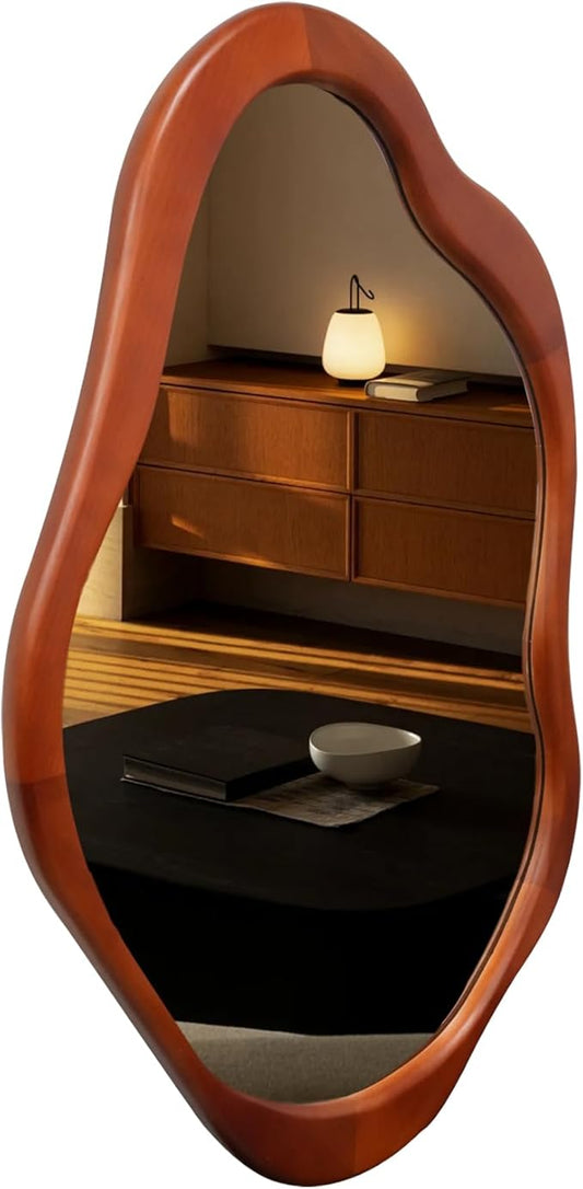 41''x 28' 'Wavy Cloud Mirror Irregular Wall Mirror with Wood Frame, Modern Decorative with Hanging Hooks, Asymmetrical for Bedroom Living Room Entryway Walnut Color
