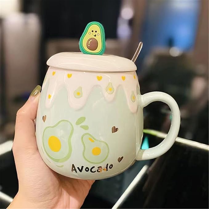 Coffee Mug Cups Ceramic Tea Cup Fruits Avocado Shaped Handmade Pottery Cute Mugs With Lid Spoon Handle Office Home Hot Ice Chocolate Milk Mugs Gifts Microwave Dishwasher Safe Travel Mugs (Green)