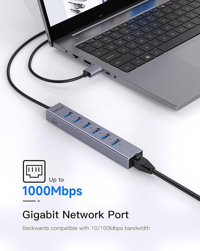 FORIDA 7 Ports USB Ethernet Hub with 3.9ft Long Cable USB Hub for Laptop, USB LAN Adapter with Gigabit Network Port, 5V/3A Power Port, Aluminum MultiPort Extender for PC, iMac, PC, Flash Drives