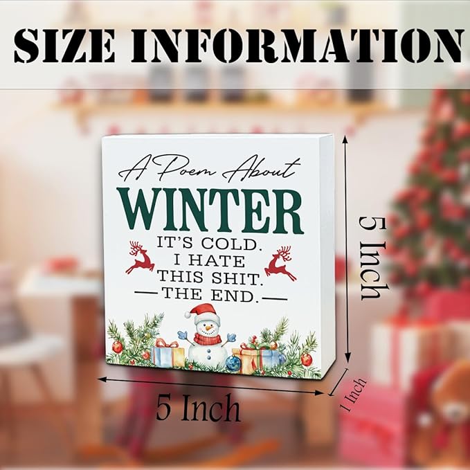 Funny Christmas Wooden Desk Decor Sign, A Poem About Winter Wooden Box Sign, Humorous Holiday Tabletop Home Plaque with Snowman Design, Winter Christmas Decor 5x5 Inches