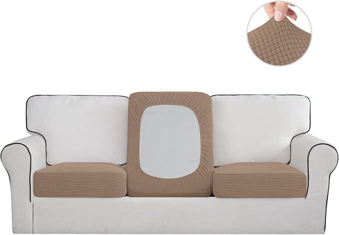 Easy-Going Stretch Individual Chair Couch Cushion Cover Sofa Cushion Furniture Protector Sofa slipcover Soft Flexibility with Elastic Bottom (3-Piece Sofa Cushion Covers, Camel)