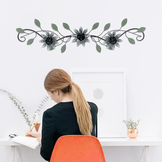 KHJCXS Metal Wall Art Modern Minimalist Metal Flowers Indoor Decor Horizontal Wall Art Iron Artwork,for Over Door,Bedroom,Living Room,Kitchen,Officel Scroll Decor(Black)