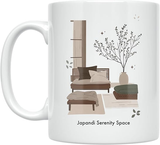 Japan Serenity Space - Coffee Enthusiast - 11 oz White Ceramic Coffee Mug - Tranquil Aesthetic