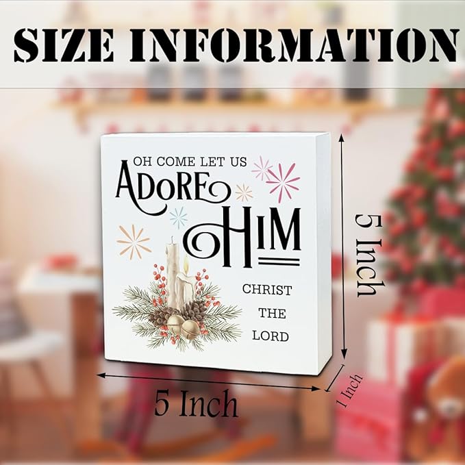 Christmas Christian Wooden Desk Decor Sign, Oh Come Let Us Adore Him Christ The Lord Wooden Box Sign, Religious Christmas Home Plaque for Living Room Bedroom Tabletop Decor 5x5 Inches