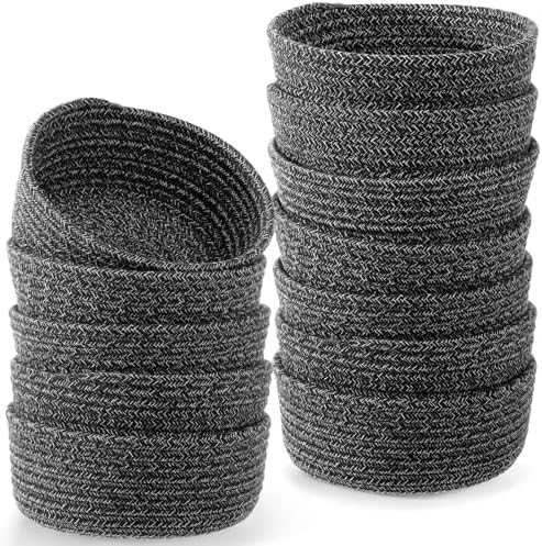 Yinkin 12 Pack Small Storage Basket Cute Natural Cotton Rope Woven Basket Tiny Boho Decorative Toy Storage Bin Gift Baskets for Home Organizing, Closet, Shelf, Nursery, Bathroom(Round,White Grey) by Yinkin