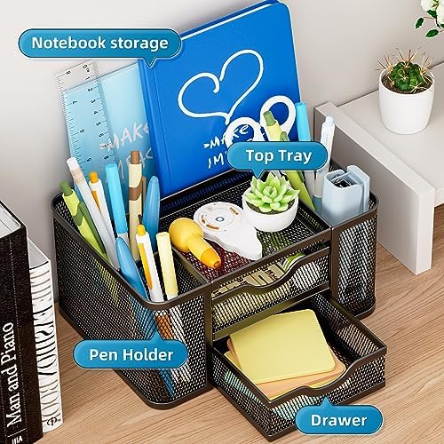 Marbrasse Mesh Desk Organizer, Pen Organizer with 2 Drawer, Multi-Functional Pencil Holder, Desk Organizers and Accessories with 5 Compartments + Drawer for Office Art Supplies (Black) - Image 2