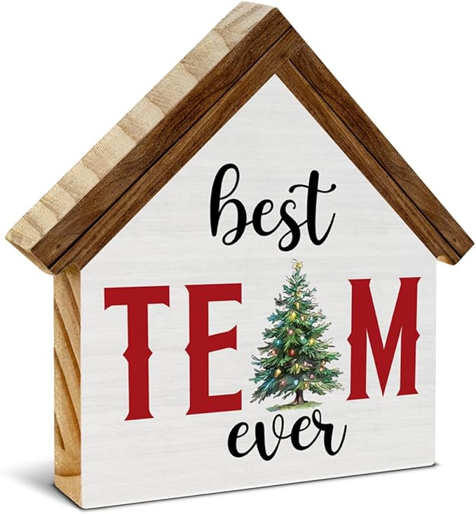 Christmas Office Decorations, Best Team Ever Gifts for Coworkers Employees, Office Christmas House Shaped Wooden Sign Decor for Desk Table Shelf