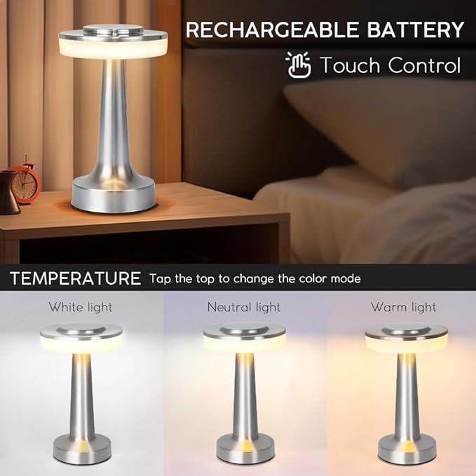 Cordless Metal Desk Lamp, Touch Sensor Control LED Table Lamp,3 Color Stepless Dimmable Battery Powered Lamp for Living Room, Dorm, Home Office (Silver)