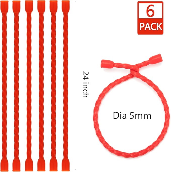 Gesipor 6 PCS 24-Inch Silicone Cable Ties Dia 5mm Reusable Steel-Core Rubber Twist Ties Bendable Cable Ties for Bundling and Holding, All Purpose Cord Tie for Indoor and Outdoor (Red)