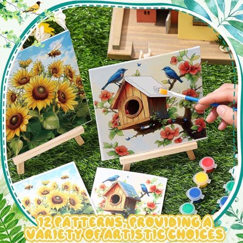 Tenceur 12 Sets Pre Drawn Canvas to Paint Adult Stretched Coloring Painting Canvas Panels with Design Easel and Brushes for Party Supplies Beginner Favor(Garden) - Image 5