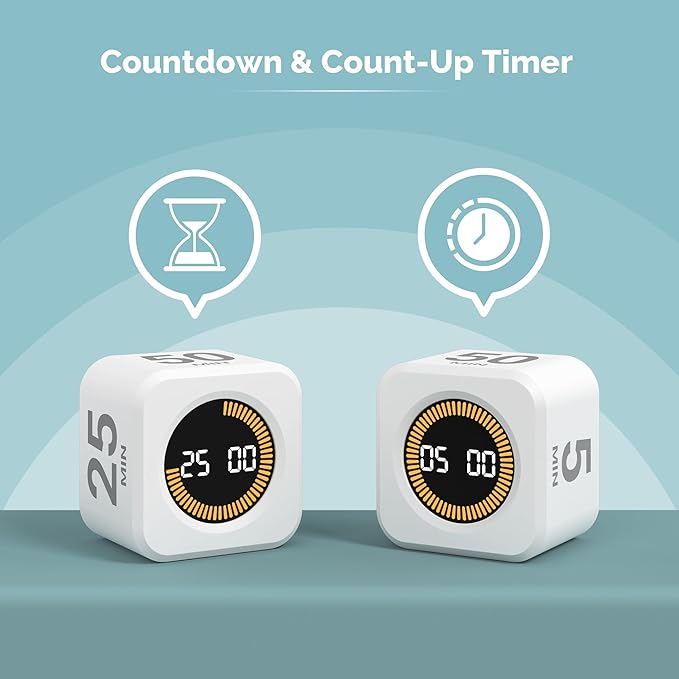 KADAMS Pomodoro Cube Timer Productivity Visual Timer 5/10/25/50 Min Customize Timer, Rotating Countdown Countup, Mute - for Work Study Cook Workout Kitchen Classroom for Kid (White)