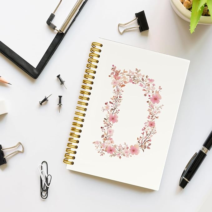 Pink Cute Spiral Notebook Journal, Preppy Floral Initial Letter D Personalized Journaling Notebooks, Monogrammed Gifts for Women Girls, Botanical Hardcover Spiral Lined Notebook 5.5 x 8.3