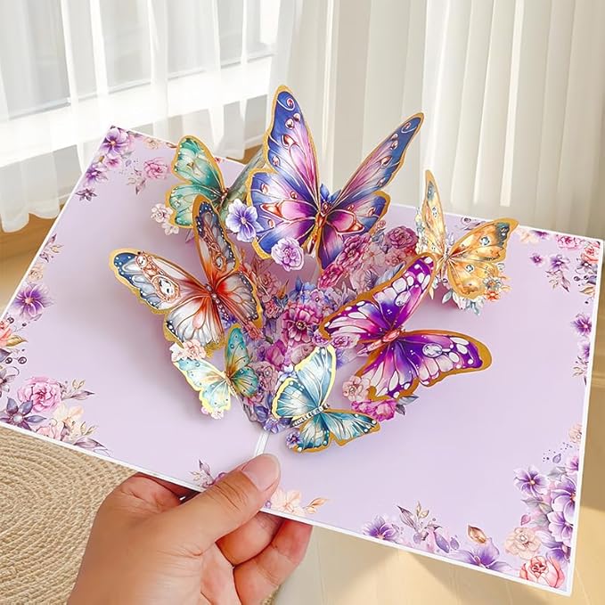 3D Bouquet Butterflys Purple Pop Up Thank you Card, Teacher Appreciation Card, Handmade Flowers Box Greeting Cards with Note and Envelope for New Year Anniversary