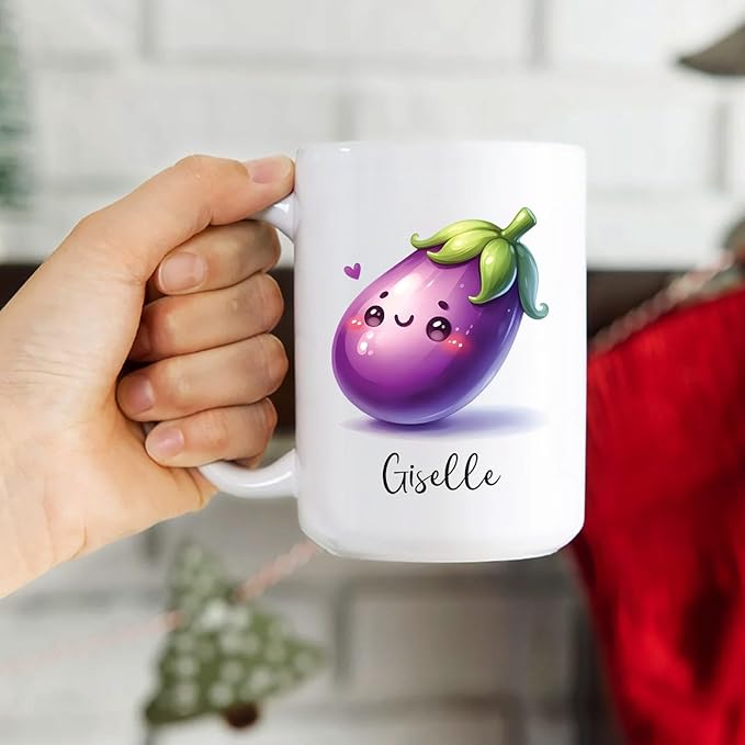 Personalized Eggplant Mug, Aubergine Ceramic Cup, Aubergine Travel Cups Gifts for Kids Friends Eggplant Lovers, Vegetable Cup, Veggie Tea Mug, Customized Aubergine Coffee Mug With Name 11oz 15oz