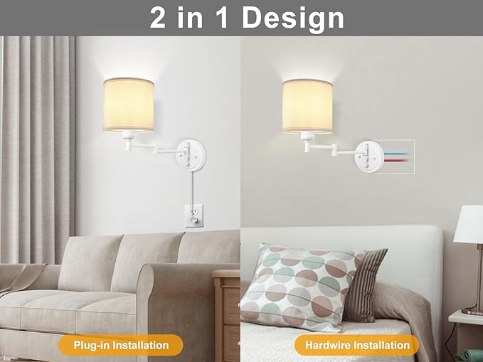 Plug in Wall Sconces with Remote Control, Dimming, Adjustable Colors 2700K-6500K, Hardwire or Plug-in, Swing Arm Wall Lamp, Wall Sconces Set of Two, White Fabric Shade, White Finish