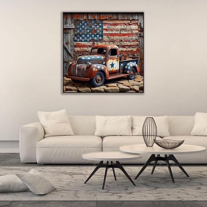 CHWGLFGG 5D Truck Diamond Art Kits for Adults Beginners,DIY Full Round Drill Diamond Painting Kits American Flag, Paint by Diamonds Dot Gem Art Crystal Easy,Home Wall Decor 13.7X 13.7Inch