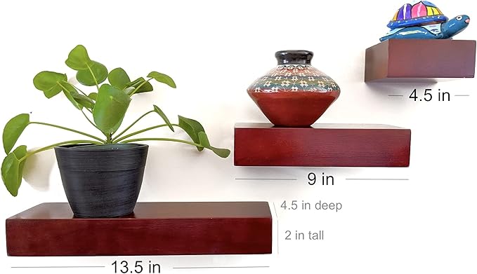 Solid Wood Size Variety Floating Wall Shelves Home Decor in Mahogany Color, Holds 30 Ibs Each Easy Installation for Living Room, Bedroom, Bathroom, Kitchen, and Office.
