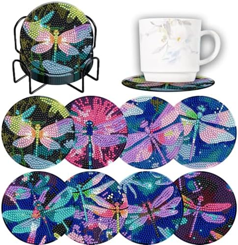 Demonwer 8 Pieces Dazzling Dragonfly Diamond Coasters Kits with Holder DIY Colorful Dragonfly Diamond Art Coaster Coaster for Gifts Beginner Adults Kids Art Table Home Craft Gift Supplies by Demonwer