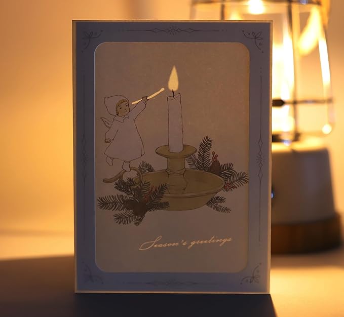 Light-Reveal Winter Greeting Card Set (3 Designs) – “Skating Girl”, “Wonderland”, and “Light” Vintage Holiday Cards with Envelopes, Cozy Christmas & Winter Season Illustrations