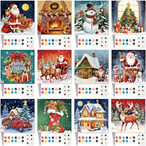 Ctosree 12 Pack Paint and Sip Kit Pre Drawn Canvas, Classic Xmas, 8x8'' by Ctosree