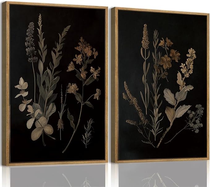 YOYIAXT 2 Pieces Dark Botanical Canvas Wall Art Vintage Moody Floral Framed Wall Art Modern Rustic Gothic Dark Academia Aesthetic Flower Art Print Artwork For Bedroom Living room Office, 16x24 in