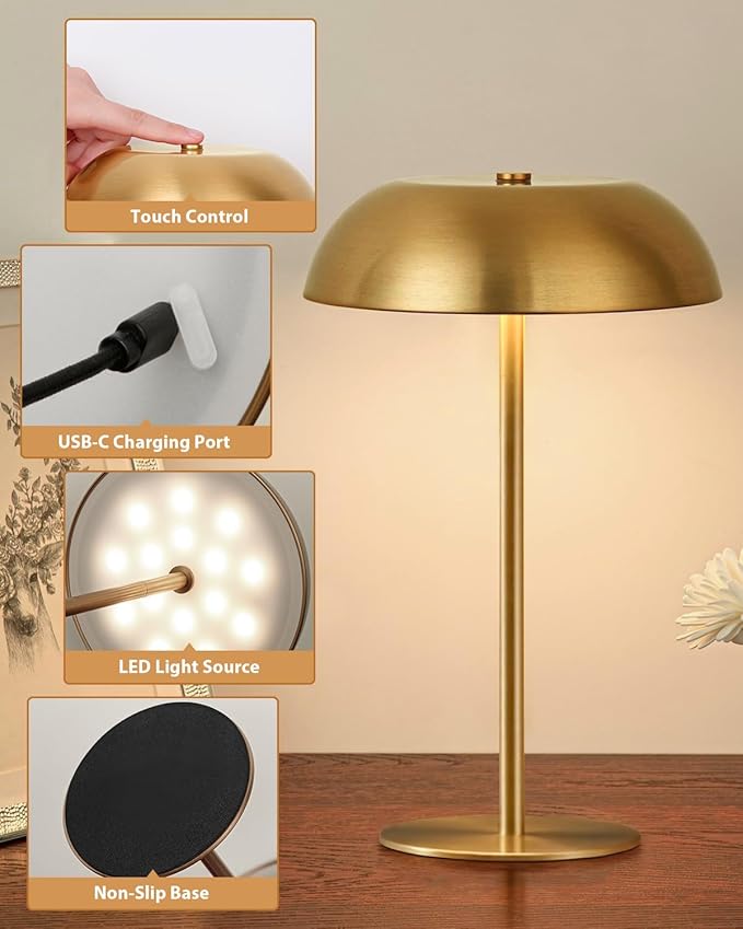 Gold Cordless Table Lamp – Rechargeable Touch Lamp with 3-Color Dimming & Adjustable Height，Battery Powered lamp for Bedside, Bar, Desk, Outdoor Patio,Restaurant, Modern Luxury Decor