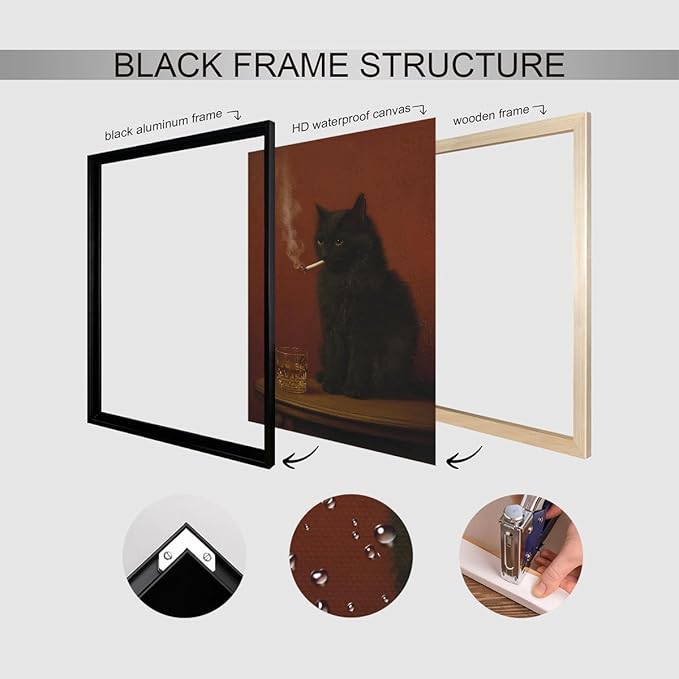 Black Cat Canvas Wall Art, Cat Smoking A Cigarette with Alcohol Oil Painting Poster, Funny Animal Whimsical Bar Cart Print, Quirky Home Bar Pub Man Cave Wall Decor 16x24in Unframed