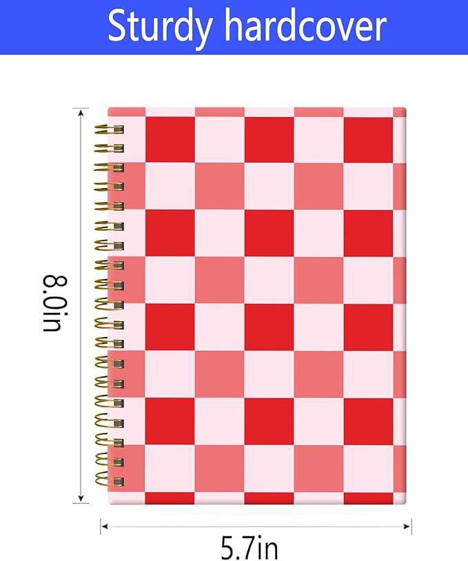 Spiral Journal Notebook,A5 Hardcover Lined Journals for Women 6 x 8.3 in,60 Sheets 120 Pages Thick Paper,Cute College Ruled Writing Notebook for Office Work School(Red Plaid Chessboard)
