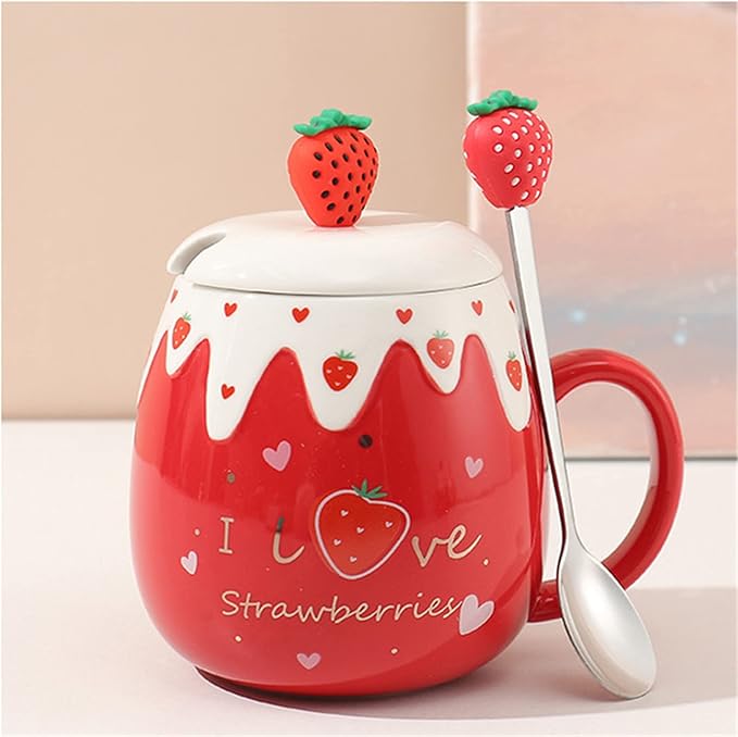 Coffee Mug Cups Ceramic Tea Cup Fruits Strawberry Shaped Handmade Cute Mugs With Lid Spoon Handle Office Home Hot Ice Chocolate Milk Mugs Gift Microwave Dishwasher Safe Travel Mugs (Strawberry)