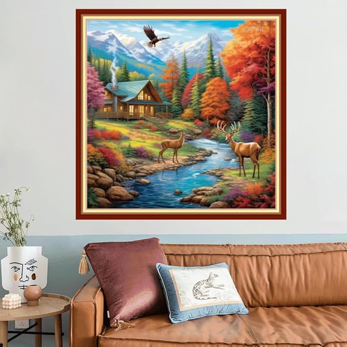 Joyhoor Stamped Cross Stitch Kits for Beginners, Needlepoint Kits for Adults, 11CT Counted Embroidery Kits-Late Autumn Elk 18x18 inchs