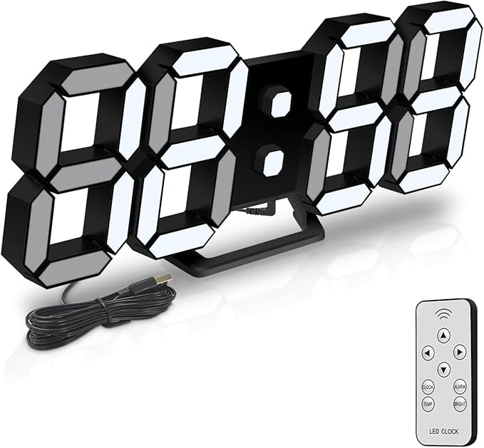 Deeyaple Led Digital Alarm Clock 3D Small Wall Clock Snooze Dimmable Time Memory 12/24 Date Temperature Remote Control Night Light Office Kitchen Living Room Bedroom (9.7 Inch, Black)