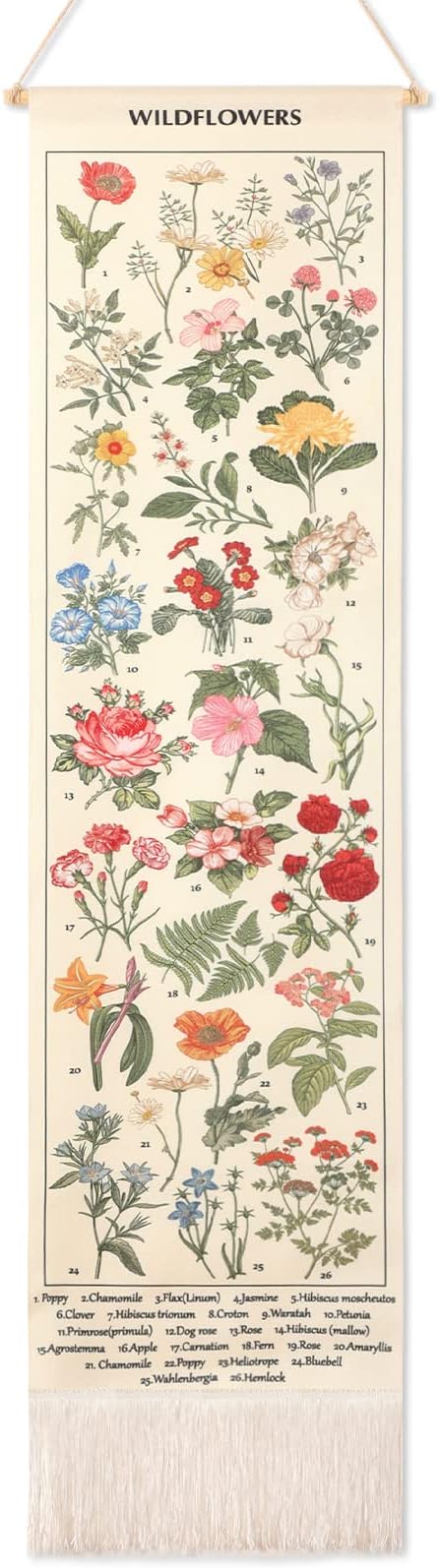 Geetery Vintage Floral Vertical Tapestry Wall Hanging Long Narrow Wall Fabric Flower Hanging Reference Illustrative Botanical Tassel Tapestry for Home Decor Gift(White)