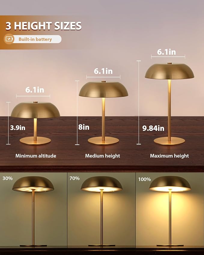 Gold Cordless Table Lamp – Rechargeable Touch Lamp with 3-Color Dimming & Adjustable Height，Battery Powered lamp for Bedside, Bar, Desk, Outdoor Patio,Restaurant, Modern Luxury Decor