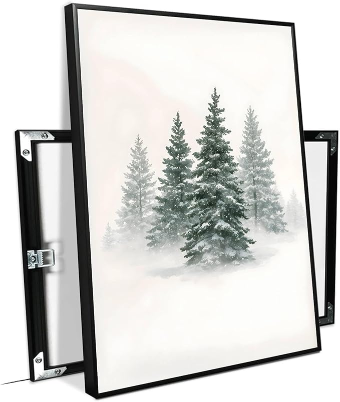 Framed Canvas Wall Art Snowy Evergreen Trees Print Winter Forest Wall Art Christmas Watercolour Painting Winter landscape Snowy Pine tree poster 8x12in Metal blackFramed