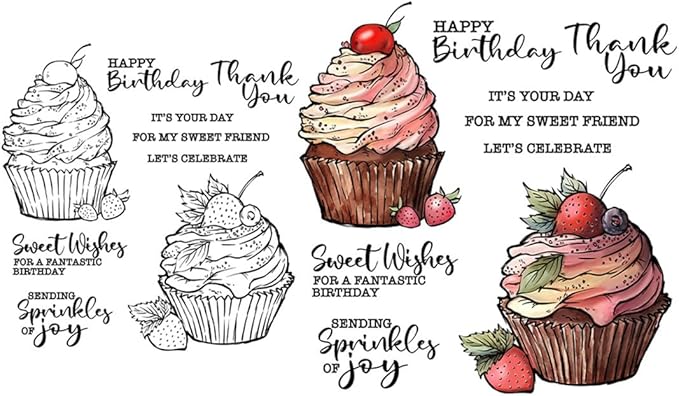 Birthday Cupcake Strawberry Stamps and Cutting Dies for Card Making DIY Transparent Silicone Clear Stamp and Metal Die Cuts Sets for Scrapbooking Paper Greeting Cards Decor Seals Craft Supplies